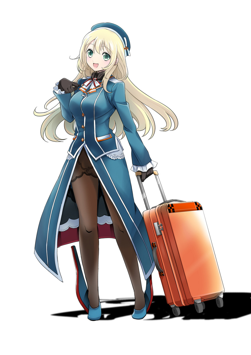 1girl aqua_eyes atago_(kantai_collection) beret black_gloves blonde_hair breasts coat full_body gloves hat high_heels highres kantai_collection large_breasts long_hair military military_uniform open_mouth pantyhose primary_stage rolling_suitcase shadow smile solo uniform