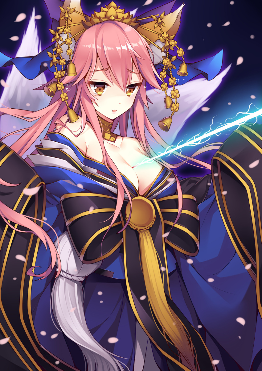 1girl absurdres animal_ears bad_id bad_pixiv_id bare_shoulders bell blue_kimono blue_ribbon breasts cleavage collarbone crying crying_with_eyes_open detached_collar eyebrows_visible_through_hair fate/grand_order fate_(series) fox_ears fox_tail hair_between_eyes hair_ribbon hands_up headpiece highres japanese_clothes kimono kimono_pull large_breasts laser_beam long_hair looking_down may_(2747513627) multiple_tails parted_lips petals pink_hair ribbon sash standing tail tamamo_(fate)_(all) tamamo_no_mae_(fate) tears yellow_eyes