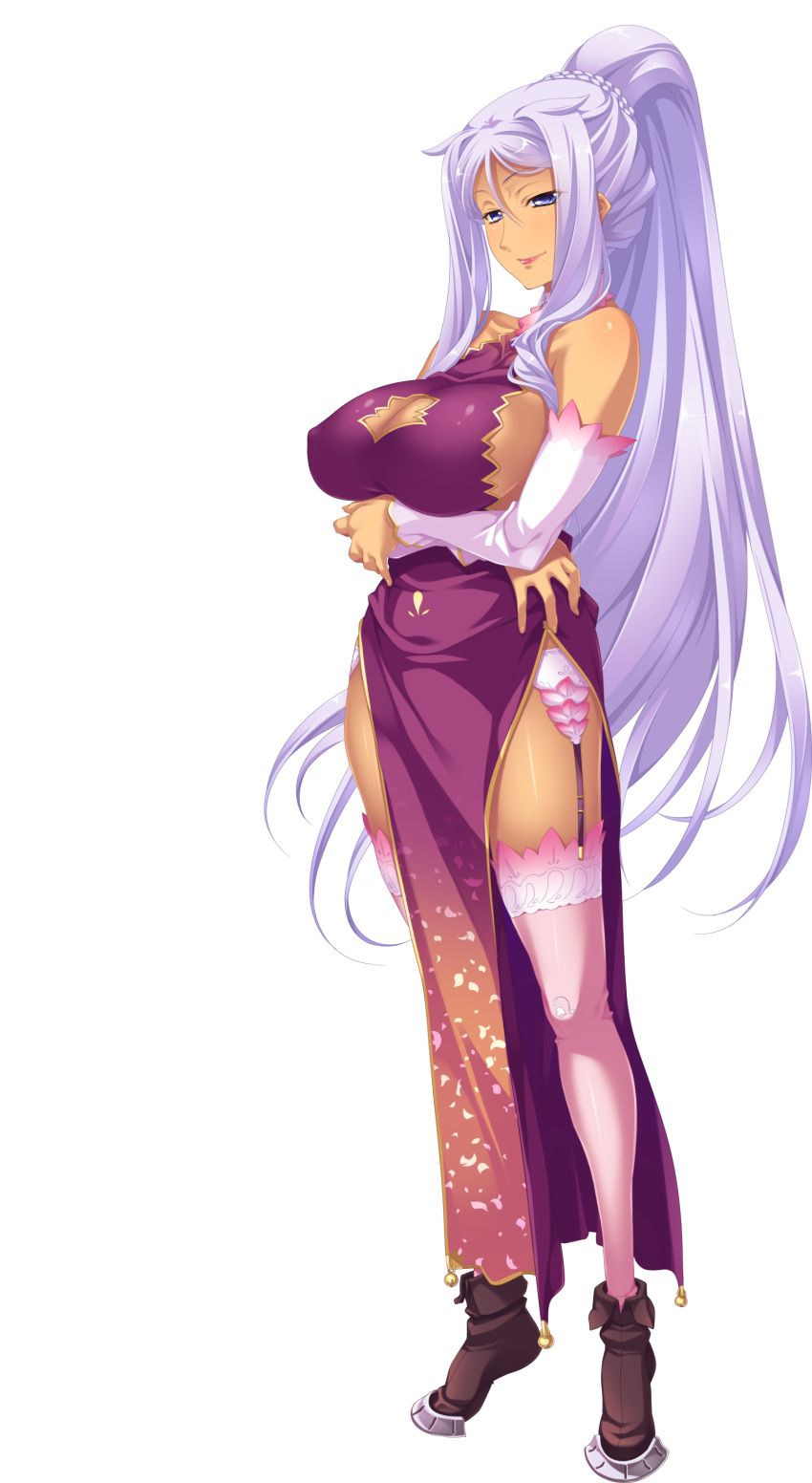 1girl absurdres artist_request bare_shoulders blue_eyes boots breasts china_dress chinese_clothes crossed_arms dark_skin detached_sleeves dress full_body garter_belt garter_straps highres koihime_musou kougai large_breasts lavender_hair lipstick long_hair looking_at_viewer makeup mole mole_under_mouth official_art ponytail smile solo standing thigh-highs transparent_background very_long_hair