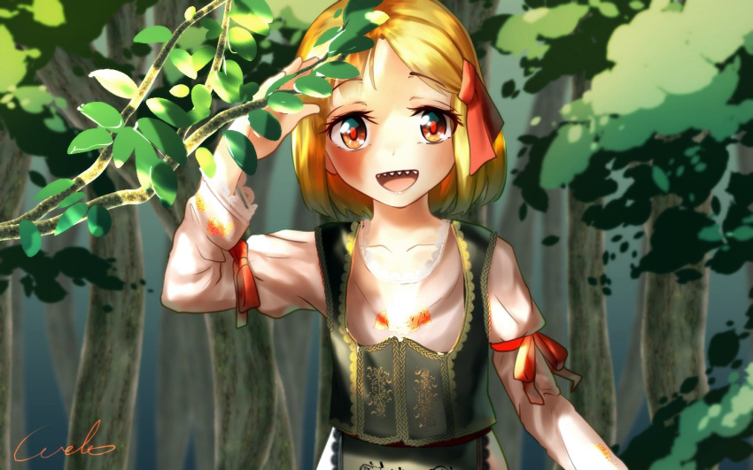 1girl apron arm_ribbon blonde_hair bow collarbone commentary commentary_request forest frilled_apron frills hair_bow hair_ribbon hand_up leaf long_sleeves nature open_mouth red_bow red_eyes red_ribbon ribbon rumia sharp_teeth shirt short_hair signature smile solo teeth touhou traditional_clothes tree tree_branch u-eruto upper_body vest white_shirt