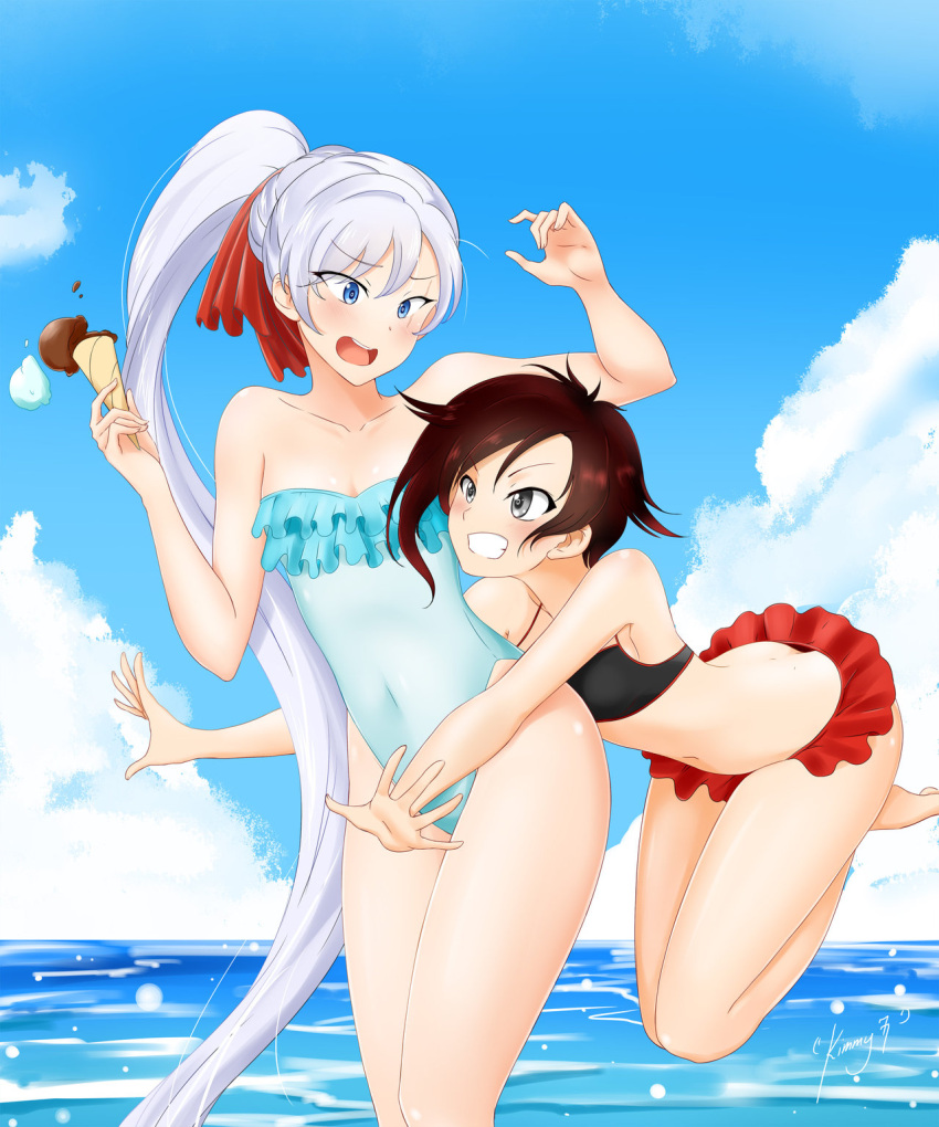 2girls alfred_cullado arms_around_waist bikini blue_eyes blue_sky blush breasts brown_hair cleavage clouds food grey_eyes grin highres ice_cream jumping legs long_hair multiple_girls navel one-piece_swimsuit ruby_rose rwby short_hair sky small_breasts smile swimsuit tackle thighs weiss_schnee white_hair