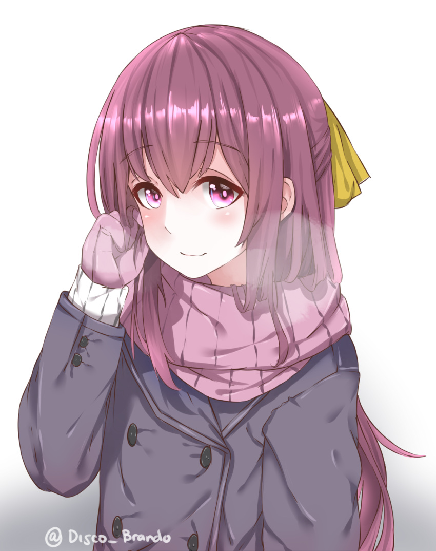 1girl alternate_costume arm_at_side buttons casual coat commentary disco_brando gloves highres kamikaze_(kantai_collection) kantai_collection light_smile long_hair looking_at_viewer pink_scarf purple_gloves purple_hair ribbon scarf twitter_username upper_body violet_eyes winter_clothes winter_coat yellow_ribbon