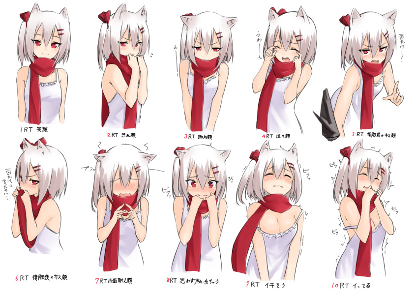 1girl adjusting_scarf animal_ears bare_arms bare_shoulders blush breasts cleavage closed_eyes closed_mouth crying dress embarrassed expression_chart expressions eyebrows eyebrows_visible_through_hair female fidgeting flying_sweatdrops hair_between_eyes hair_ornament hair_ribbon hairclip hands_on_own_face kyoo-kyon_(kyo-kyon) looking_at_viewer multiple_views nose_blush one_side_up open_mouth original pout red_eyes red_ribbon red_scarf ribbon scarf short_hair simple_background sleeveless sleeveless_dress smile strap_slip suzunari_arare teeth trembling tsurime upper_body v_arms w_arms wavy_mouth white_background white_dress white_hair