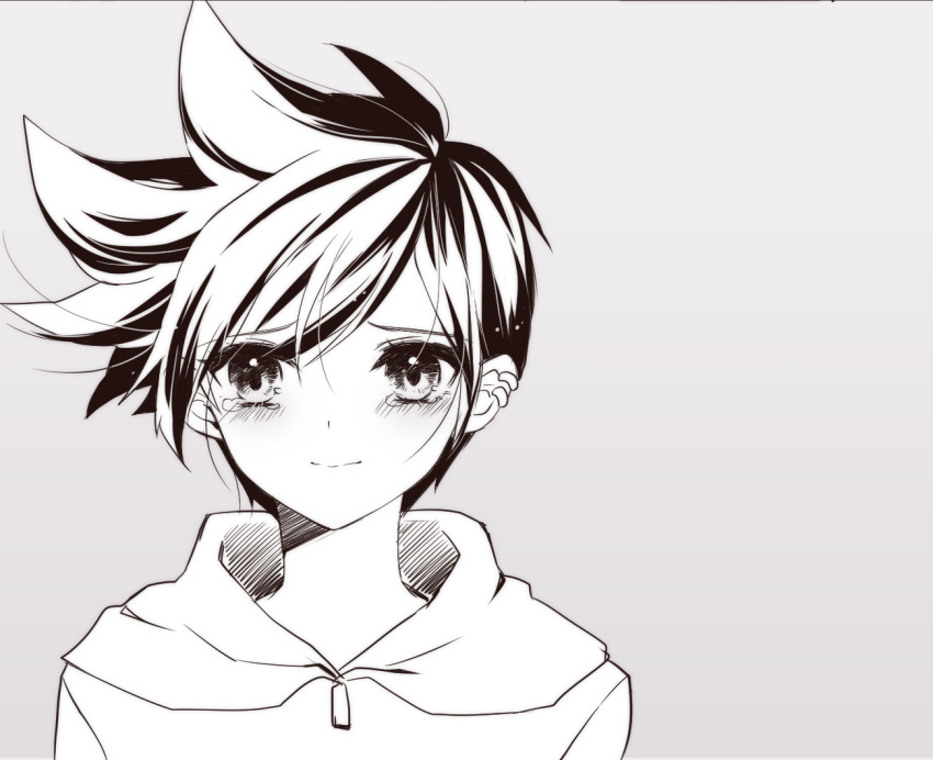1girl atobesakunolove blush casual earrings female grey_background hood hoodie jewelry light_smile looking_at_viewer monochrome overwatch portrait short_hair simple_background sketch solo spiky_hair tearing_up tears tracer_(overwatch) upper_body