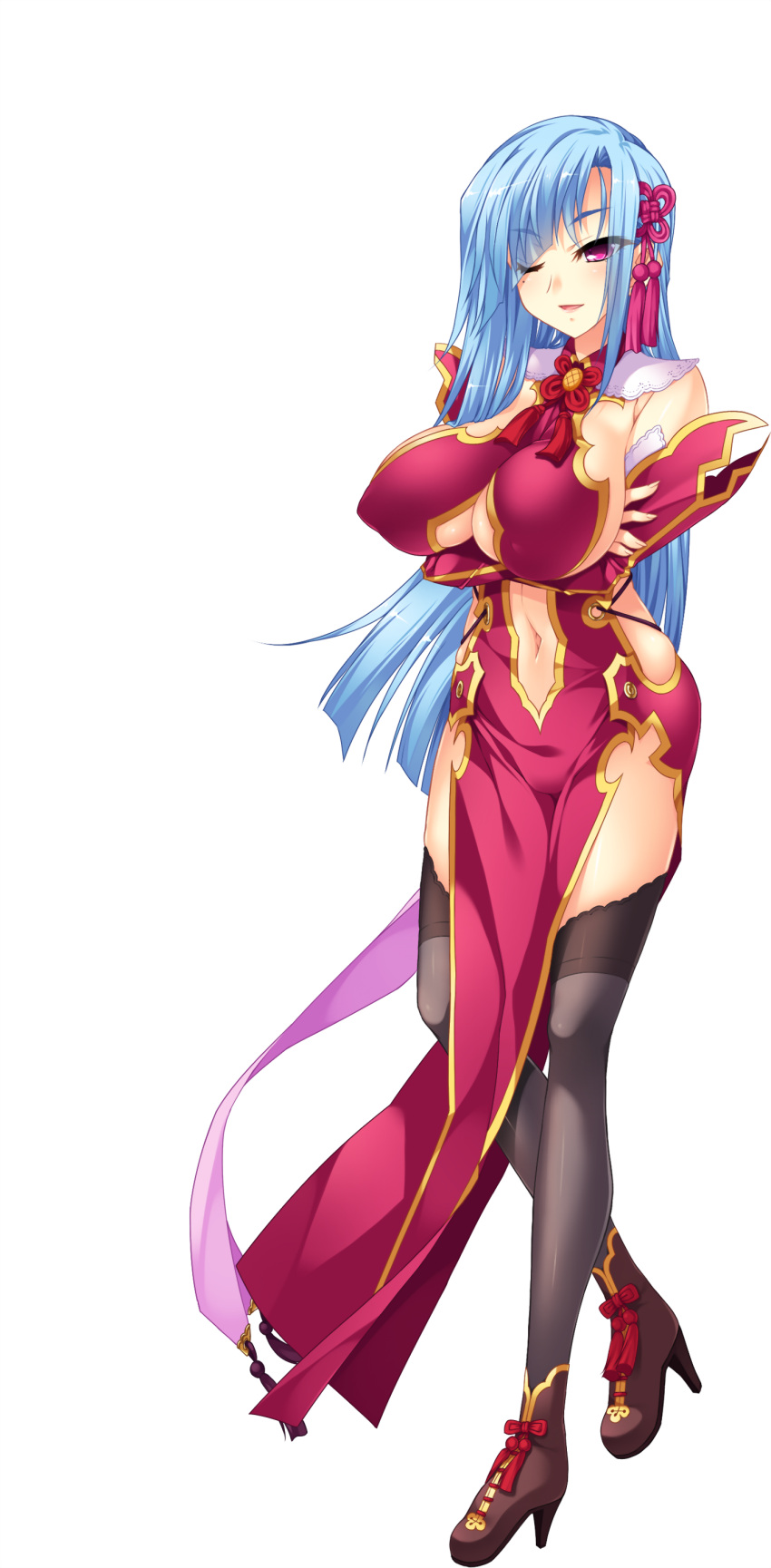 1girl absurdres aqua_hair bare_shoulders black_legwear boots breasts center_opening character_request cleavage crossed_arms detached_sleeves dress full_body hair_ornament highres hikage_eiji koihime_musou large_breasts long_hair long_sleeves looking_at_viewer mole mole_under_eye navel one_eye_closed open_mouth red_eyes solo thigh-highs transparent_background