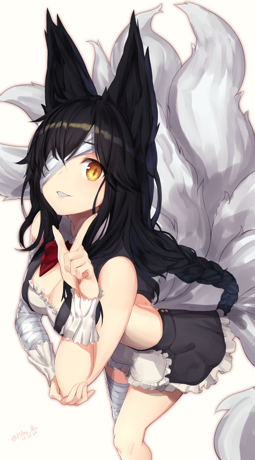 1girl 2016 absurdres ahri animal_ears apron ato_(haru_ato) bandaged_arm bandaged_head bandaged_leg black_hair bow bowtie braid breasts cleavage dated fox_ears fox_tail frilled_apron frilled_skirt frills highres league_of_legends leaning_forward long_hair looking_at_viewer maid medium_breasts mismatched_armwear mismatched_legwear multiple_tails one_eye_covered parted_lips red_bow red_bowtie simple_background skirt slit_pupils solo tail teeth twitter_username white_background yellow