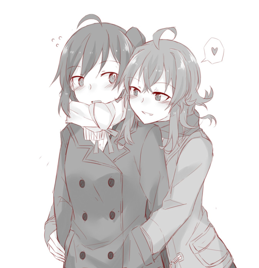 2girls ahoge arashi_(kantai_collection) arm_grab blush coat eyebrows_visible_through_hair flying_sweatdrops greyscale grin hagikaze_(kantai_collection) hand_in_another's_pocket hands_in_pockets heart highres kantai_collection long_hair monochrome multiple_girls open_mouth scarf side_ponytail simple_background sketch smile spoken_heart white_background yuutama2804