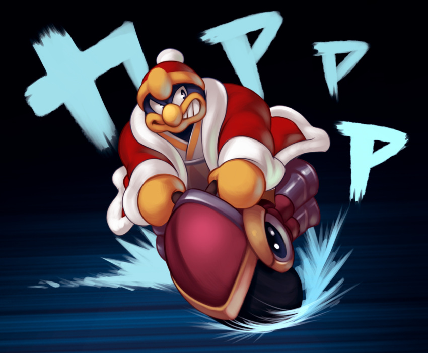 1boy amano-g bike black_background black_eyes clenched_teeth coat grin hat highres king_dedede kirby_(series) kirby_air_ride nintendo riding smile solo speed_lines teeth vehicle wheelie