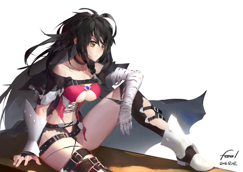 1girl 2016 bandage bandaged_arm bare_shoulders belt black_hair black_legwear boots breasts choker collarbone dated highres long_hair messy_hair navel orokanahime signature sitting solo tales_of_(series) tales_of_berseria thigh-highs torn_clothes torn_thighhighs under_boob velvet_crowe yellow_eyes
