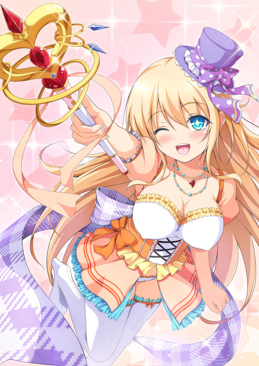 +_+ 1girl blonde_hair blue_eyes breasts cleavage collarbone erect_nipples eyebrows_visible_through_hair hat highres jewelry lace lace-trimmed_thighhighs large_breasts long_hair magical_girl mini_hat necklace one_eye_closed open_mouth orange_ribbon original purple_hair ribbon solo thigh-highs tiphereth white_legwear