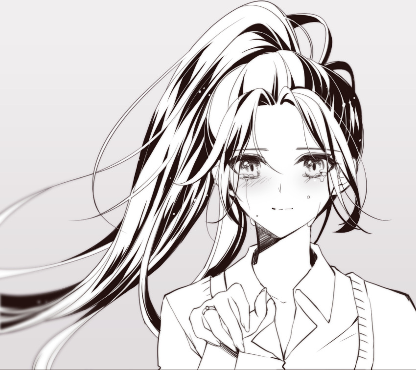 1girl atobesakunolove jewelry looking_at_viewer monochrome overwatch ponytail portrait ring simple_background smile solo tears white_background widowmaker_(overwatch)