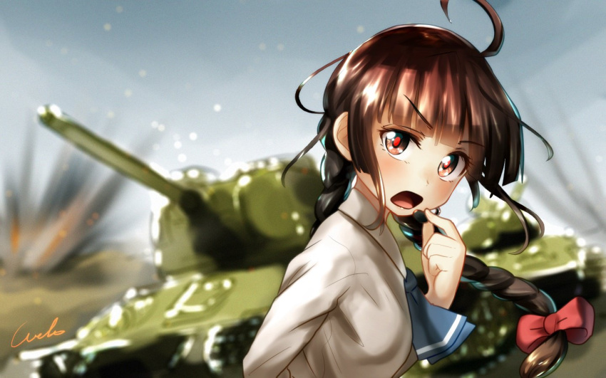 1girl ahoge ascot bangs blunt_bangs blurry_background bow braid brown_eyes brown_hair collared_shirt commentary commentary_request explosion eyebrows_visible_through_hair ground_vehicle hair_bow hand_to_own_mouth headset long_hair long_sleeves looking_at_viewer military military_vehicle motor_vehicle open_mouth rika_(touhou) shirt solo t-34 tank touhou touhou_(pc-98) twin_braids u-eruto upper_body white_shirt