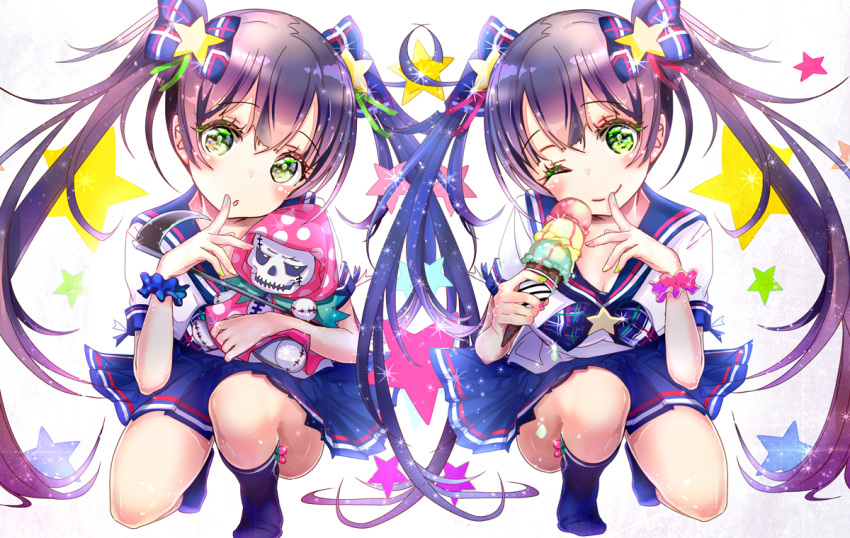 2girls blue_legwear blue_skirt blush breasts brown_hair cleavage finger_to_mouth food green_eyes holding ice_cream kneehighs long_hair looking_at_viewer medium_breasts multiple_girls neckerchief open_mouth original pleated_skirt school_uniform serafuku skirt smile soramu squatting star starry_background stuffed_toy twintails uniform wristband