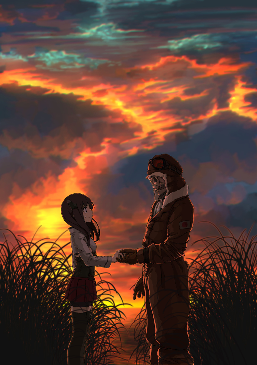 1boy 1girl absurdres bike_shorts black_eyes black_legwear blush breasts brown_gloves brown_hair brown_jacket brown_pants clouds cloudy_sky crying crying_with_eyes_open eye_contact from_side fur_trim gloves goggles goggles_on_head grass hand_holding headgear highres kantai_collection long_hair long_sleeves looking_at_another military military_uniform omine_tabiaki pants pilot_suit pleated_skirt red_skirt red_sky sad skeleton skirt skull sky small_breasts standing taihou_(kantai_collection) tears thigh-highs uniform