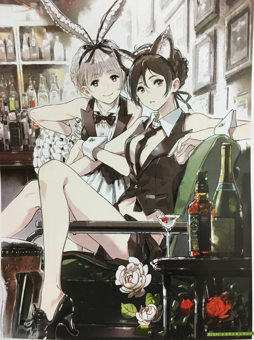 2girls alcohol animal_ears bar bare_legs bare_shoulders between_breasts bottle bow bowtie breasts brown_eyes brown_hair cat_ears chair champagne cherry cleavage cocktail_glass cup drinking_glass female flower food fruit highres indoors jack_daniel's kanna_kii midriff multiple_girls necktie necktie_between_breasts picture_frame plant rabbit_ears shorts sitting skirt whiskey white_hair wrist_cuffs