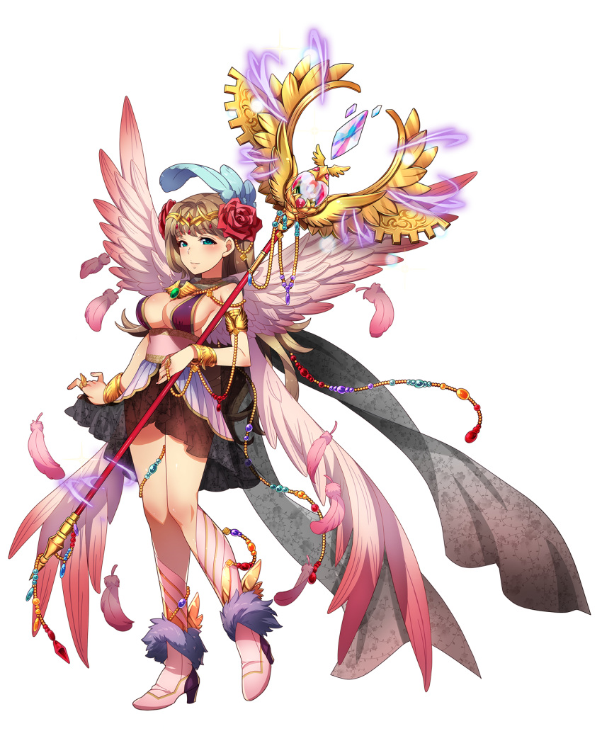 1girl aqua_eyes armlet boots bracelet brown_hair dress feathers flower full_body hair_flower hair_ornament high_heels highres holding holding_staff jewelry long_hair official_art olivier_(royal_flush_heroes) royal_flush_heroes solo staff transparent_background wings