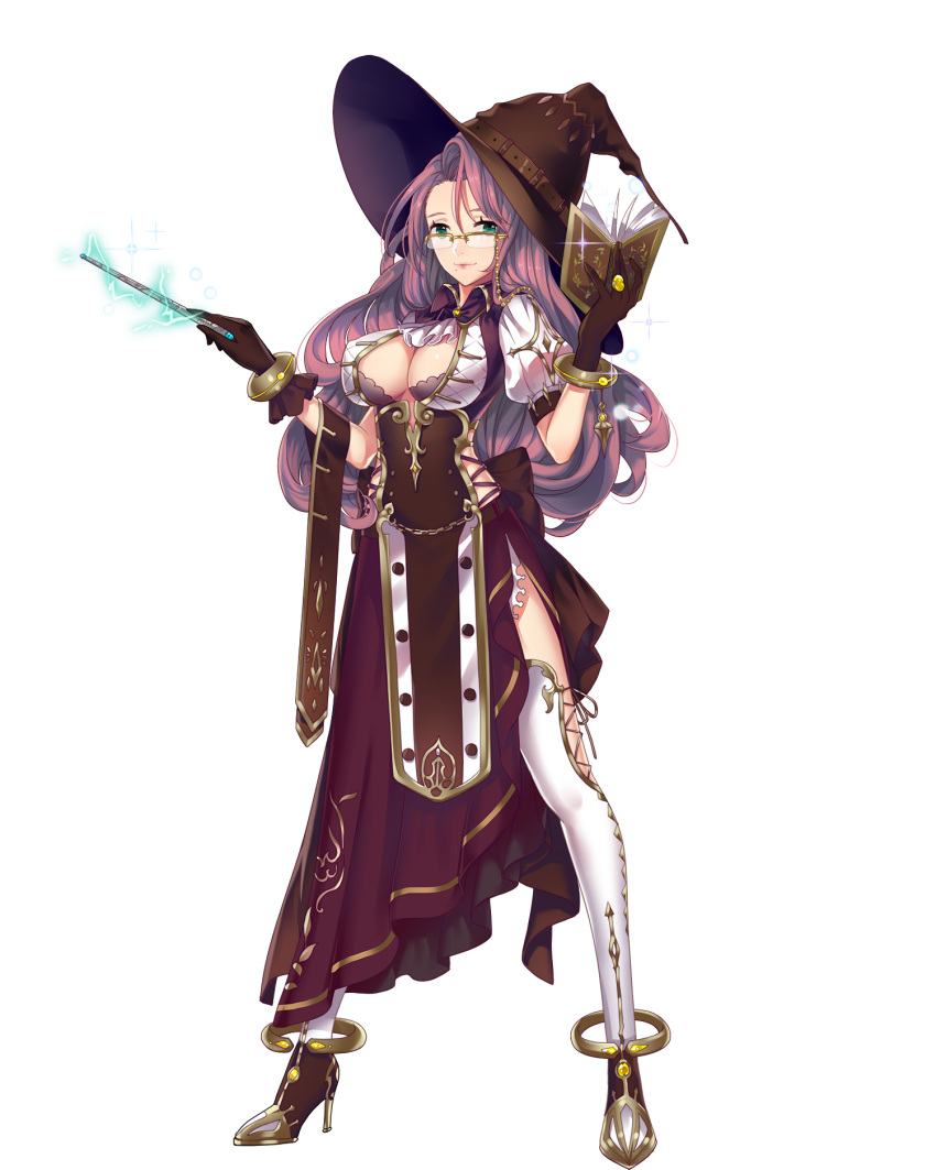 1girl book boots breasts cleavage full_body glasses gloves green_eyes hat highres holding holding_book holding_wand large_breasts light_smile long_hair looking_at_viewer official_art pink_hair royal_flush_heroes ruin_(royal_flush_heroes) semi-rimless_glasses solo thigh-highs thigh_boots transparent_background wand witch_hat