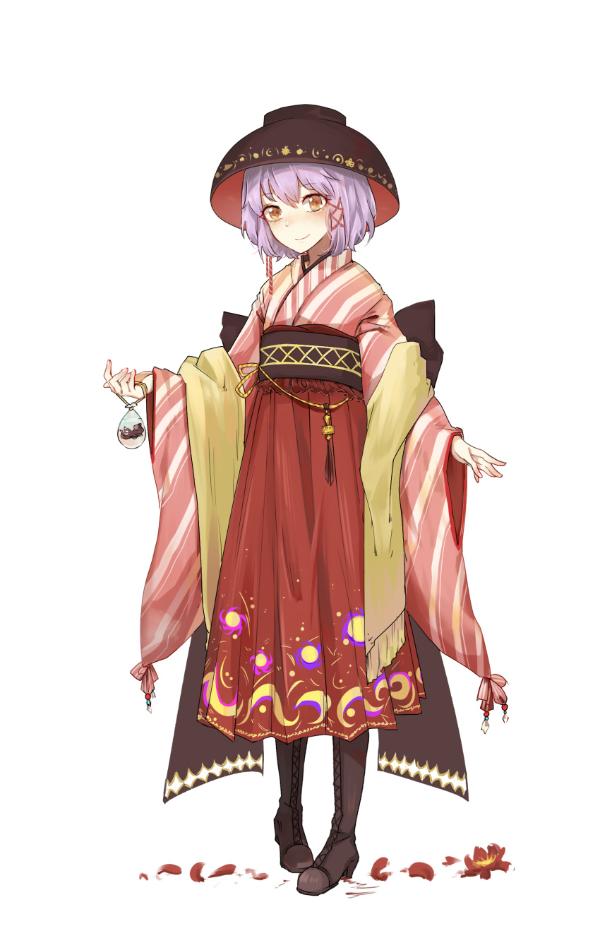 1girl absurdres aili_(aliceandoz) alternate_costume boots bowl bowl_hat brown_boots cross-laced_footwear full_body hair_ribbon hat highres japanese_clothes kimono long_skirt long_sleeves looking_at_viewer purple_hair red_eyes red_ribbon red_skirt ribbon sash short_hair simple_background skirt smile solo sukuna_shinmyoumaru touhou tress_ribbon white_background wide_sleeves