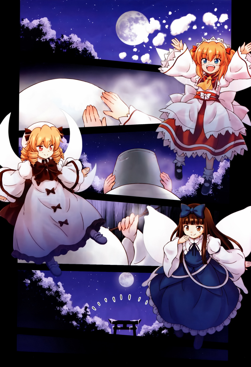 3girls absurdres arms_up blonde_hair blue_eyes bow brown_eyes brown_hair bucket curly_hair dress fairy fairy_wings hat highres hirasaka_makoto long_hair luna_child mary_janes moon multiple_girls night night_sky official_art open_mouth outdoors red_eyes ribbon shoes short_hair sky smile snow snowman socks star_(sky) star_sapphire sunny_milk torii touhou touhou_sangetsusei tree twintails two_side_up wings
