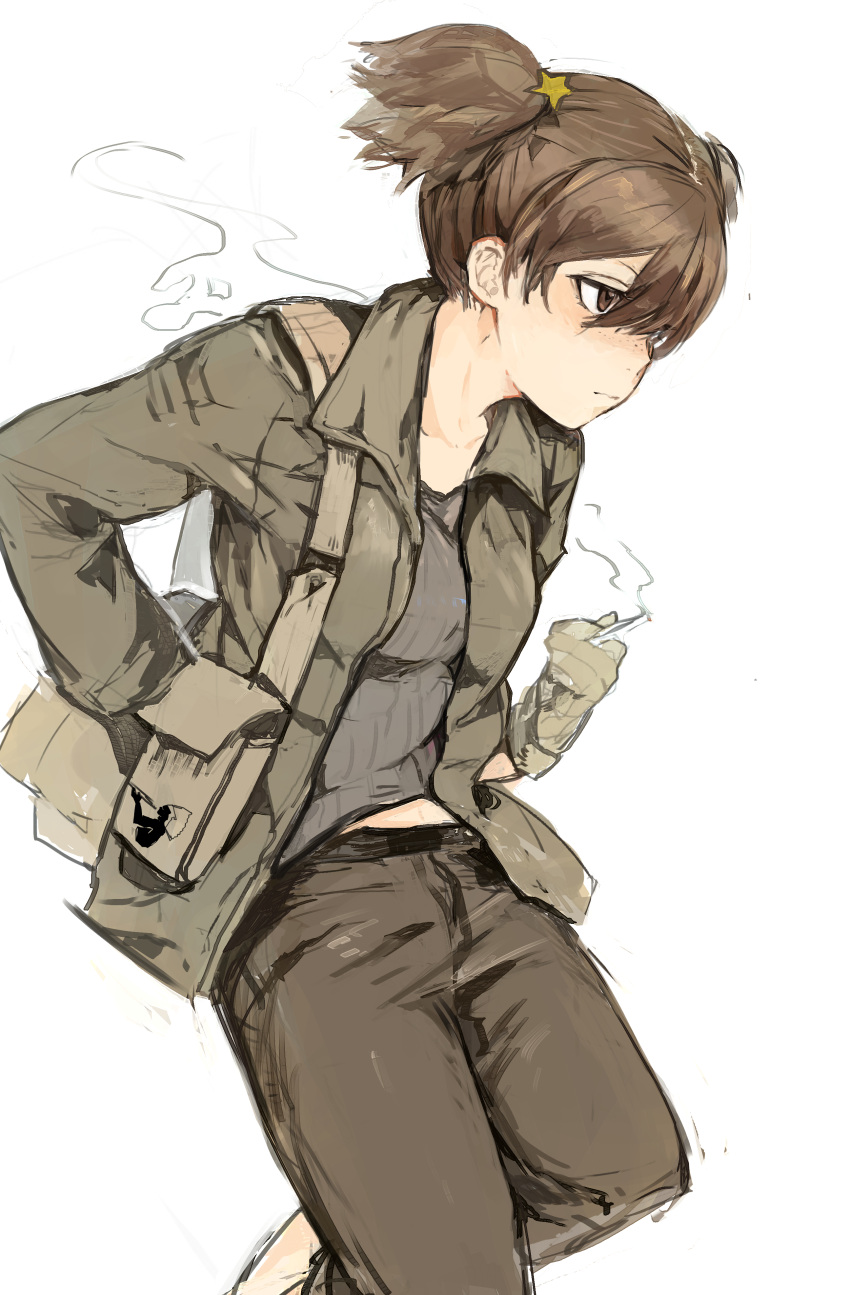 1girl absurdres alisa_(girls_und_panzer) brown_eyes brown_hair brown_jacket capri_pants casual cigarette freckles girls_und_panzer gloves grey_shirt hair_ornament hand_on_hip highres hiranko midriff pants pouch shirt short_hair short_twintails simple_background sketch smoke solo star star_hair_ornament twintails white_background