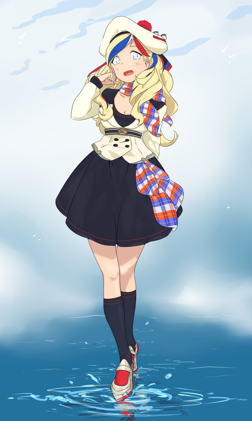 1girl absurdres belt beret black_legwear blonde_hair blue_eyes blue_hair breasts cleavage commandant_teste_(kantai_collection) double-breasted dress hat highres jacket kantai_collection loafers long_hair looking_at_viewer multicolored_hair open_mouth pom_pom_(clothes) redhead scarf shoes socks solo streaked_hair vesperiastar white_hair