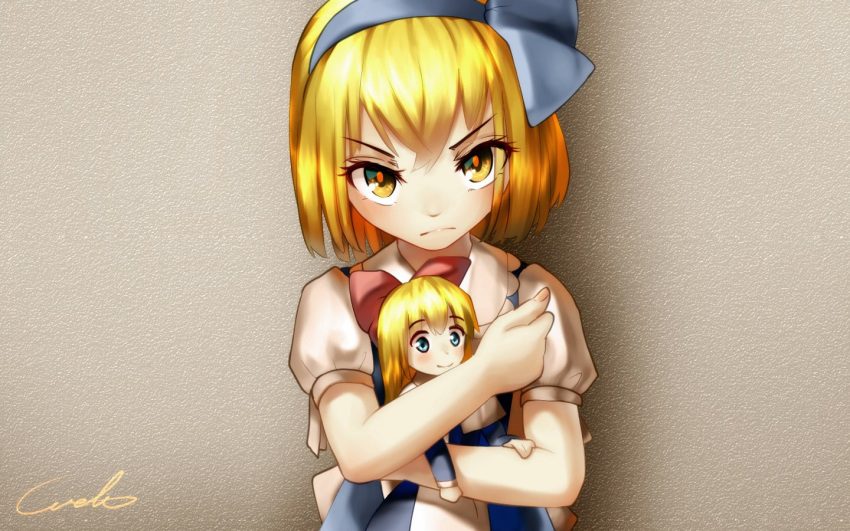 1girl alice_margatroid alice_margatroid_(pc-98) apron blonde_hair blue_dress blue_eyes blue_ribbon bow capelet closed_mouth doll dress eyebrows_visible_through_hair hair_bow hair_ribbon hairband long_hair long_sleeves looking_at_viewer puffy_short_sleeves puffy_sleeves red_bow ribbon shanghai_doll shirt short_hair short_sleeves signature smile solo suspenders touhou touhou_(pc-98) u-eruto upper_body waist_apron white_shirt