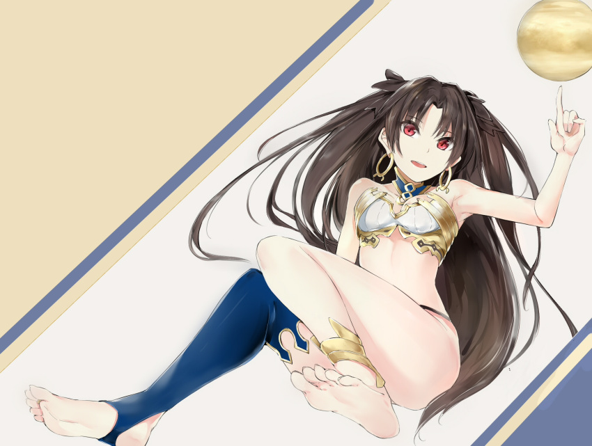 1girl anklet arm_up armpits bangs bare_shoulders barefoot black_hair black_ribbon collar earrings eyebrows eyebrows_visible_through_hair fate/grand_order fate_(series) feet hair_ribbon highres ishtar_(fate/grand_order) jewelry knees_together_feet_apart legs long_hair looking_at_viewer midriff no_shoes open_mouth pointing pointing_up red_eyes ribbon silver_(chenwen) simple_background single_thighhigh smile soles solo striped striped_background teeth thigh-highs thighs toeless_legwear toes two_side_up very_long_hair