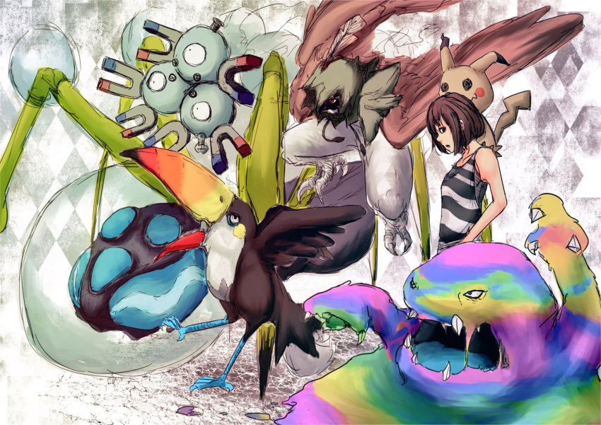 1girl alola_form alolan_muk araquanid bare_shoulders brown_hair decidueye female_protagonist_(pokemon_sm) highres hinohara magneton mimikyu_(pokemon) muk pokemon pokemon_(game) pokemon_sm shirt short_hair striped striped_shirt tank_top toucannon