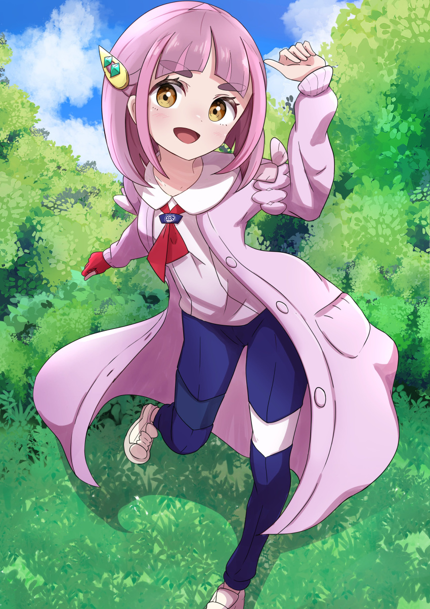 1girl absurdres blue_pants blue_sky bob_cut brown_eyes bush coat collared_coat day gloves grass hair_ornament hairclip highres lacey_(pokemon) long_coat looking_at_viewer necktie open_clothes open_coat open_mouth outdoors pants pink_coat pink_footwear pink_hair pokemon pokemon_sv red_gloves red_necktie rono_(lethys) shirt shoes short_hair single_glove sky solo white_shirt