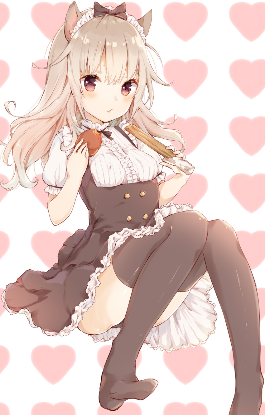 1girl animal_ears azuki_(krps-hano) bangs black_bow black_bowtie black_legwear black_ribbon blonde_hair bow bowtie breasts brown_eyes churro commentary dress eating erect_nipples food frilled_dress frilled_skirt frills hair_between_eyes hair_ribbon heart heart_background highres holding holding_food knees_together_feet_apart looking_at_viewer maid maid_headdress medium_breasts original pastry ribbon sitting skirt solo thigh-highs thighs virgin_killer_outfit wavy_hair white_background