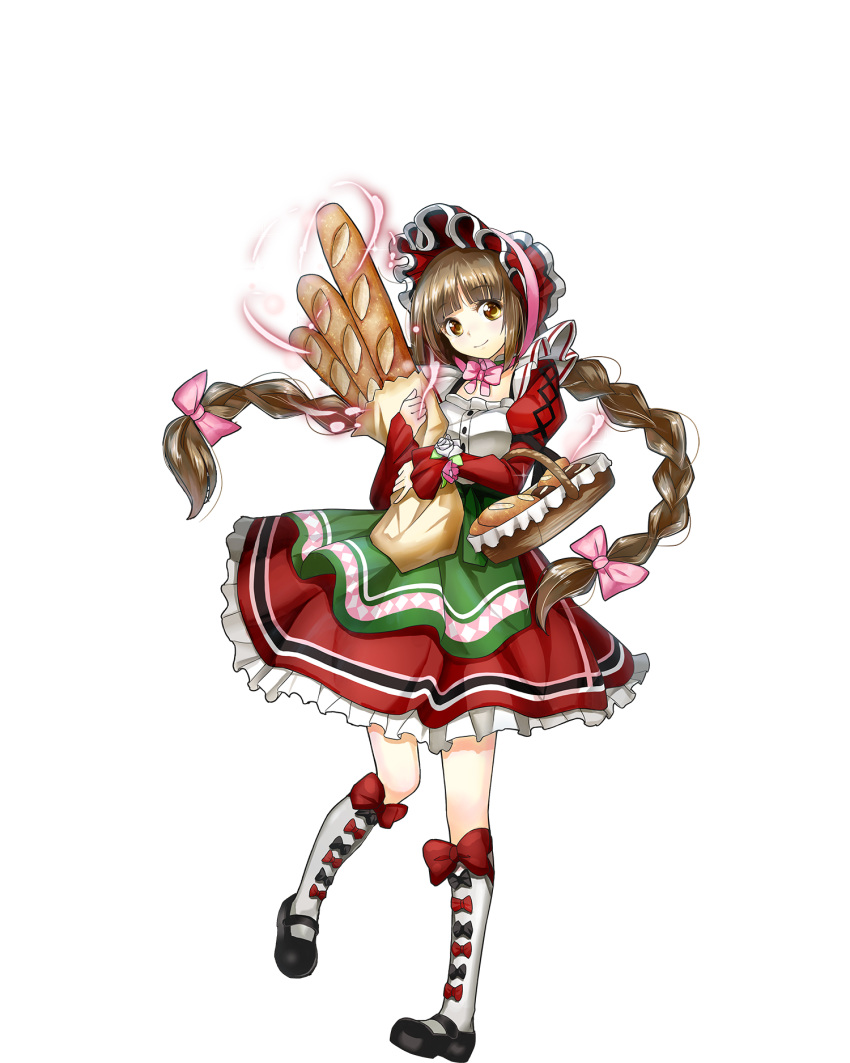 1girl baguette basket bonnet bow_legwear braid bread brown_hair carrying dress floating_hair food full_body highres kneehighs lima long_hair looking_at_viewer low-tied_long_hair mary_janes official_art royal_flush_heroes shoes sleeves_past_wrists smile solo transparent_background twin_braids yellow_eyes