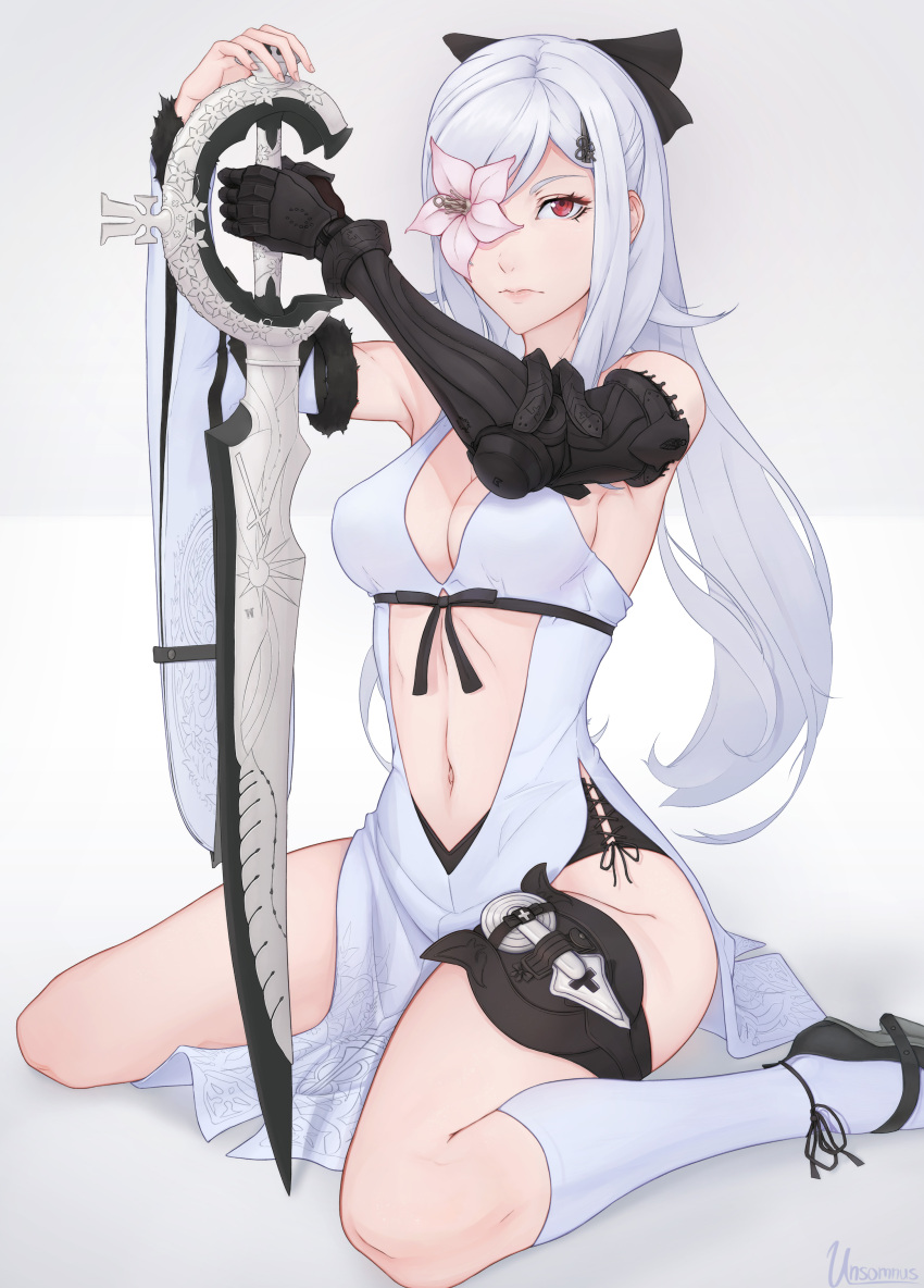 1girl absurdres bare_shoulders bow breasts cleavage drag-on_dragoon drag-on_dragoon_3 dress flower flower_eyepatch gauntlets hair_bow highres kneehighs long_hair looking_at_viewer navel red_eyes simple_background sitting solo sword unsomnus wariza weapon white_hair white_legwear zero_(drag-on_dragoon)