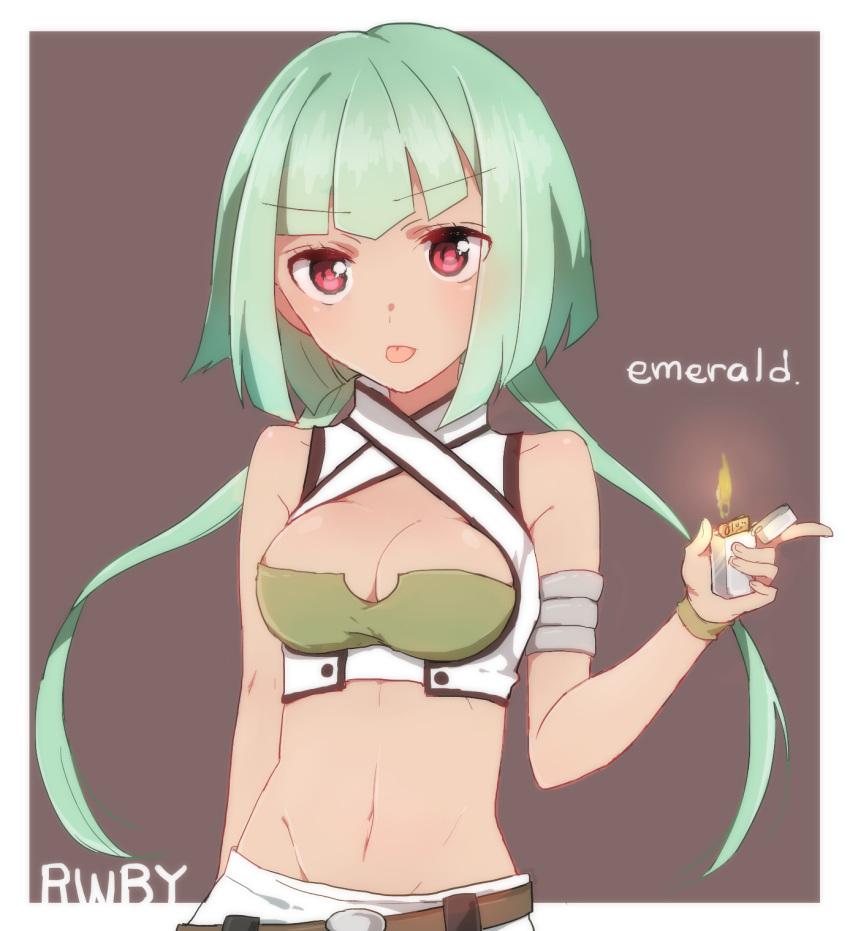 1girl emerald_sustrai fire green_hair highres lighter merry_(168cm) navel red_eyes rwby tongue tongue_out
