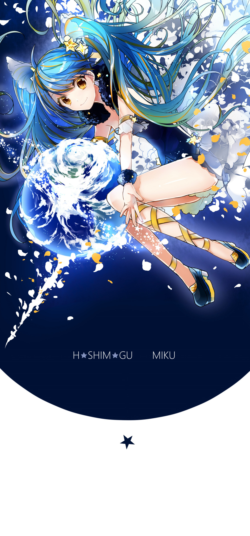 1girl absurdres ahoge aqua_hair bangs black_shorts blue_dress blue_hair breasts brown_eyes brown_hair character_name closed_mouth clouds dress earrings earth eyebrows_visible_through_hair full_body hair_ornament hatsune_miku highres jewelry leg_ribbon medium_breasts multicolored_hair outstretched_arms petals planet platform_footwear ribbon shorts silhouette smile sogawa66 solo star star-shaped_pupils star_earrings star_hair_ornament strapless strapless_dress streaked_hair sweatband swept_bangs symbol-shaped_pupils twintails vocaloid yellow_ribbon