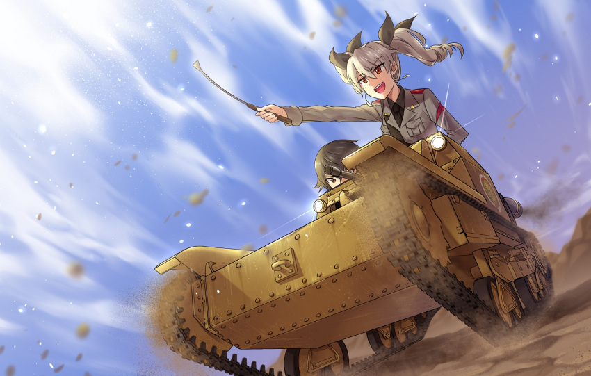 2girls anchovy bangs black_eyes black_hair black_necktie black_ribbon black_shirt carro_veloce_cv-33 clouds cloudy_sky dress_shirt drill_hair driving dust_cloud dutch_angle girls_und_panzer green_hair grey_jacket ground_vehicle hair_ribbon ichihyaku_nanajuu long_hair long_sleeves looking_afar military military_uniform military_vehicle motor_vehicle multiple_girls necktie open_mouth outdoors pepperoni_(girls_und_panzer) pointing red_eyes ribbon riding_crop shirt short_hair shoulder_belt sky smile smoke tank twin_drills twintails uniform