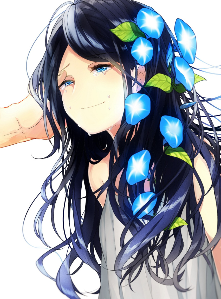 1girl arms_at_sides bare_shoulders black_hair blue_eyes closed_mouth crying crying_with_eyes_open flower hair_flower hair_ornament hand_on_another's_face highres morning_glory original simple_background smile sogawa66 solo_focus tears upper_body white_background