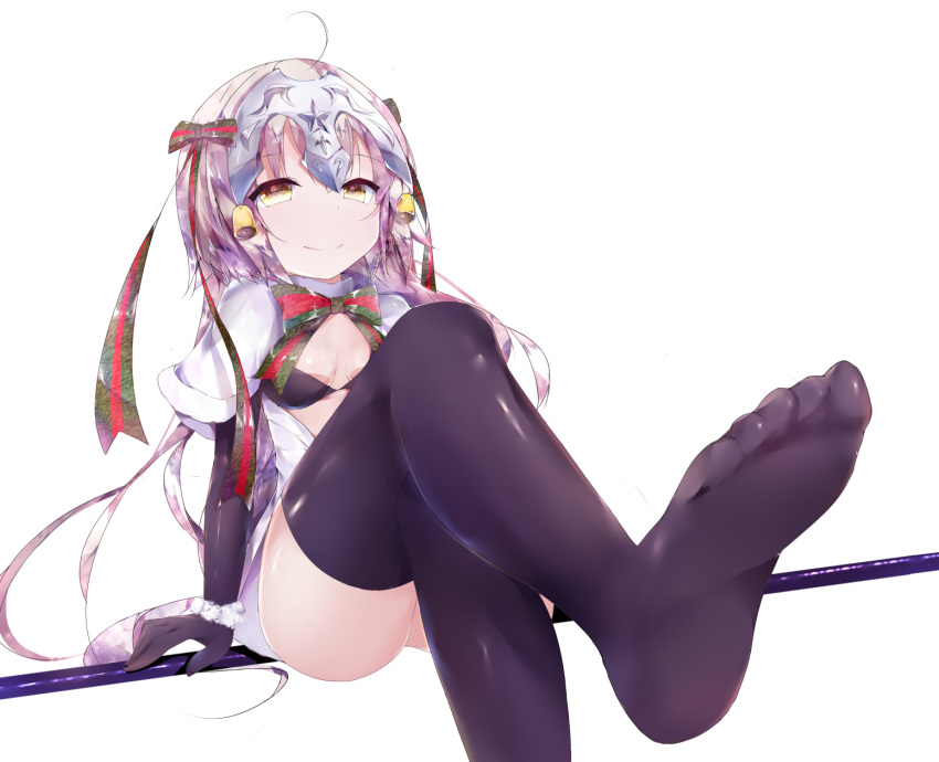 1girl bangs bell black_bra black_legwear bra capelet fate/grand_order fate_(series) from_below fur_trim green_ribbon hair_ribbon headpiece highres jeanne_alter jeanne_alter_(santa_lily)_(fate) leg_lift legs_crossed long_hair looking_at_viewer red_ribbon ribbon ruler_(fate/apocrypha) silver_hair simple_background sitting smile soles solo striped striped_ribbon thigh-highs thighs twiska_(doubitian) underwear white_background yellow_eyes