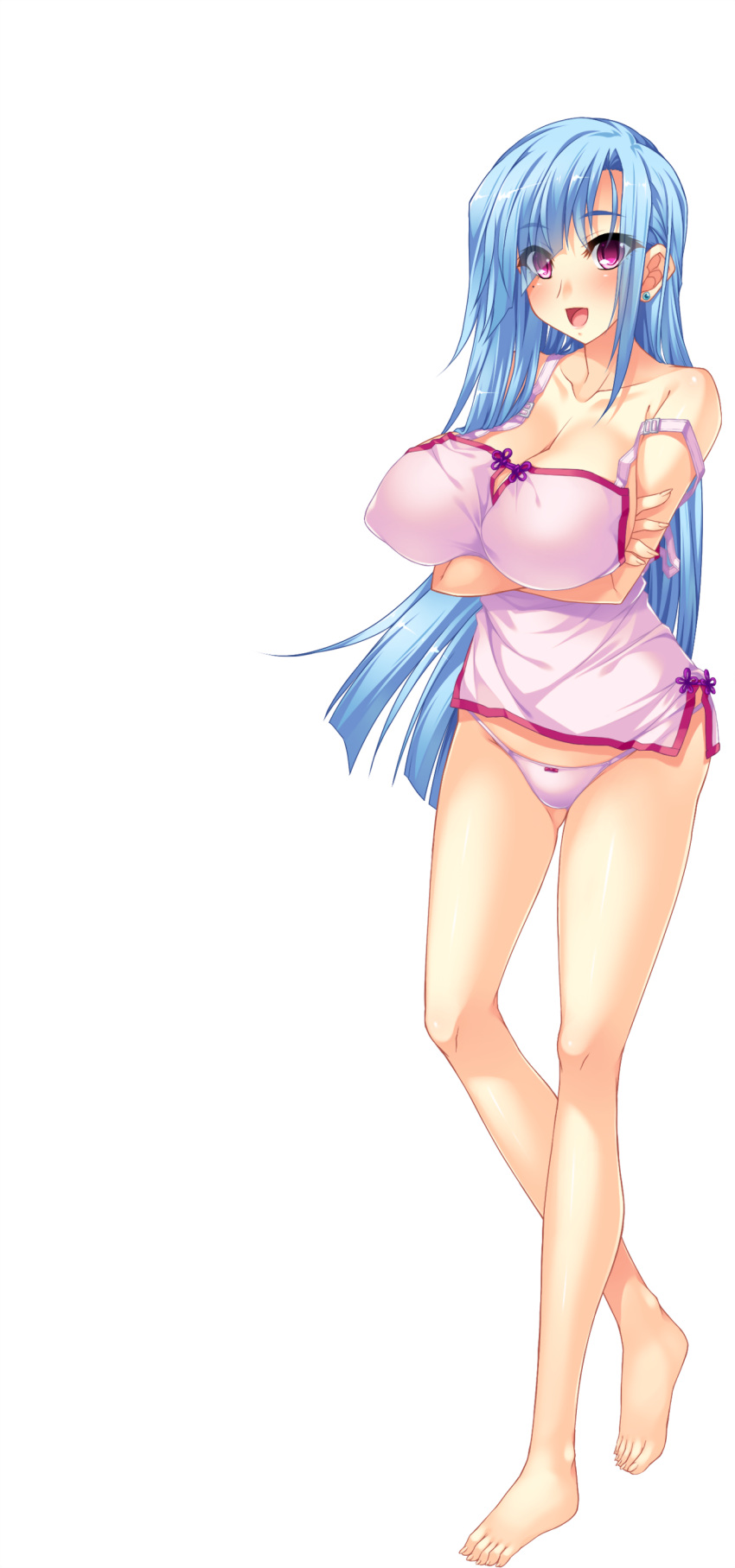 1girl absurdres aqua_hair bare_shoulders barefoot blush breasts character_request cleavage crossed_arms earrings full_body highres hikage_eiji jewelry koihime_musou large_breasts long_hair looking_at_viewer mole mole_under_eye open_mouth panties red_eyes solo transparent_background underwear