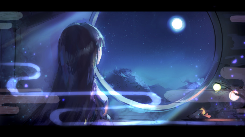 1girl black_hair branch chun_lanlanlan from_behind full_moon highres hime_cut houraisan_kaguya jeweled_branch_of_hourai letterboxed long_hair moon moonlight night night_sky sky solo touhou very_long_hair window