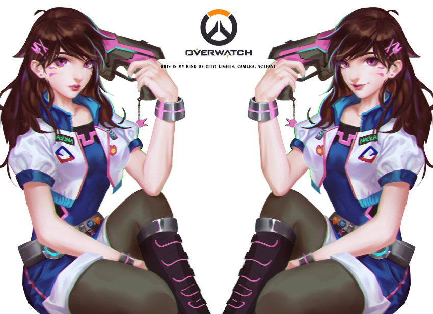 1girl absurdres acronym adapted_costume alternate_eye_color bangs belt blue_dress boots bracelet breasts brown_eyes brown_hair brown_legwear bunny_hair_ornament charm_(object) chromatic_aberration closed_mouth collarbone copyright_name covered_navel cropped_jacket d.va_(overwatch) dress earrings elbow_on_knee emblem english eyelashes facepaint facial_mark fingernails green_nails gun gun_to_head hair_ornament hairclip hand_up handgun high_collar highres holding holding_gun holding_weapon jacket jewelry knee_up kneeboots lipstick logo long_fingernails long_hair looking_at_viewer makeup medium_breasts nail_polish nose overwatch pantyhose pink_lips pink_lipstick puffy_short_sleeves puffy_sleeves purple_boots short_dress short_sleeves simple_background sitting smile solo stud_earrings swept_bangs venus_symbol violet_eyes weapon whisker_markings white_background white_jacket