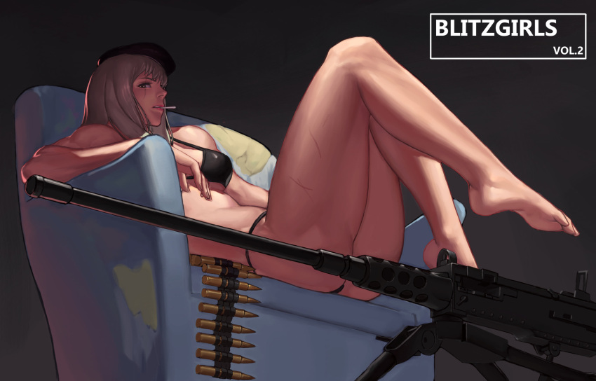 1girl ass bandolier barefoot beret bikini blonde_hair brown_eyes bullet chair clenched_teeth gun hat highres m2_browning military mouth_hold muscle original scar seung_mo_kim sitting solo swimsuit teeth weapon
