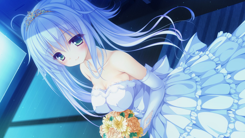 1girl bare_shoulders blush bouquet breasts cleavage collarbone dress dutch_angle elbow_gloves flower game_cg gloves green_eyes highres jewelry kururu_(world_election) long_hair looking_at_viewer mikagami_mamizu necklace no_bra pearl_necklace silver_hair smile solo tiara wedding_dress world_election