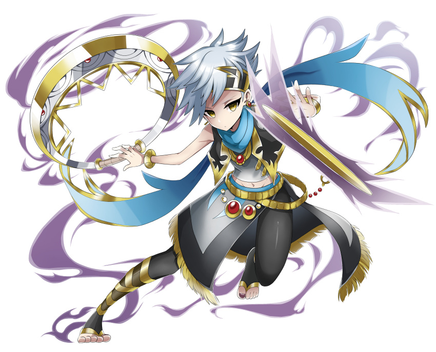 1boy barefoot barefoot_sandals bracelet brave_frontier chakram earrings grey_hair highres jewelry nail_polish navel necklace otsutaro rauda_(brave_frontier) simple_background solo tiara vest weapon white_background yellow_eyes