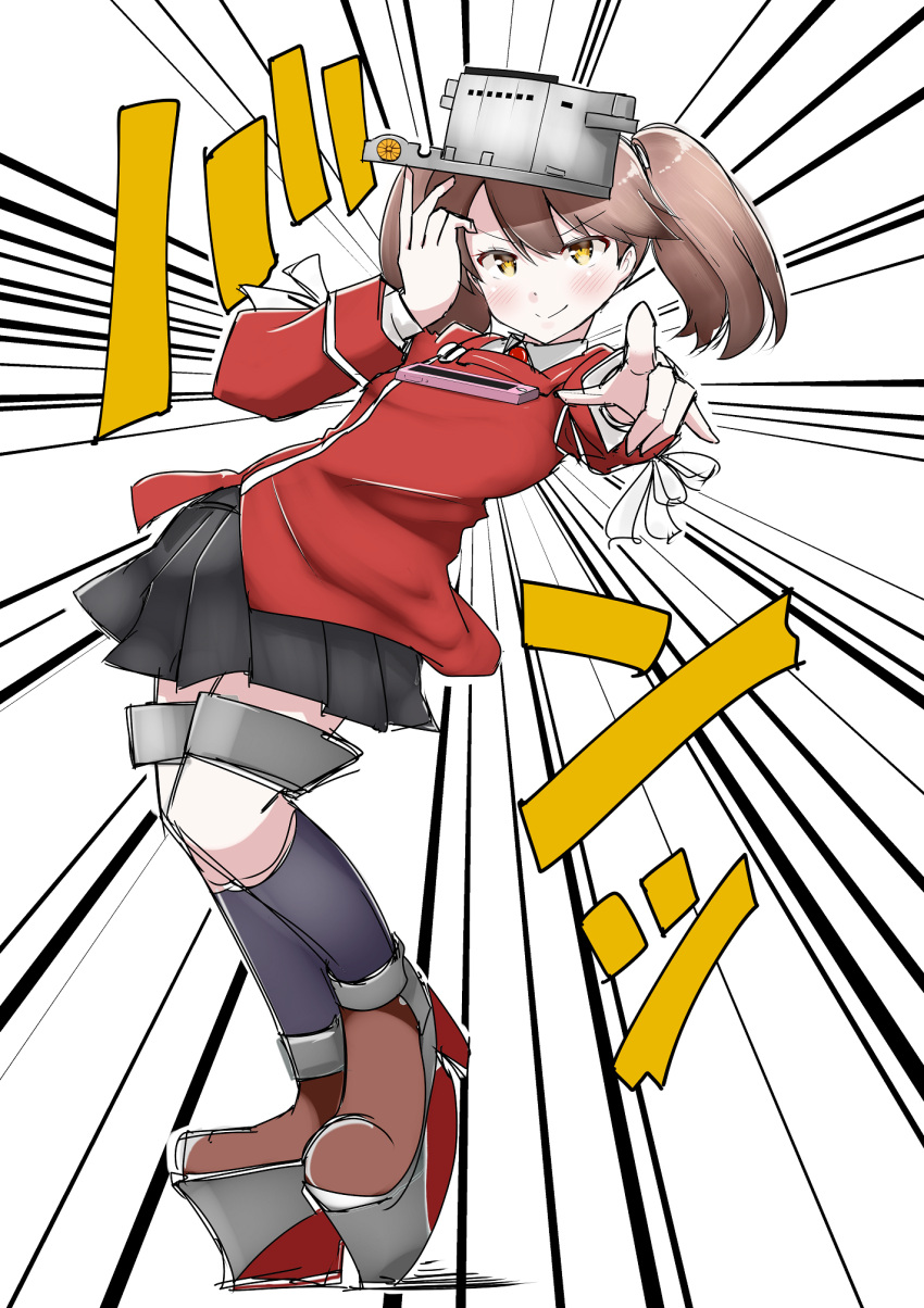 &gt;:) 1girl blush breasts brown_eyes brown_hair commentary_request full_body hair_between_eyes hat highres holding holding_hat japanese_clothes jojo_pose kantai_collection kariginu kirigaku leaning_back long_hair looking_at_viewer outstretched_arm pointing pointing_at_viewer pose ryuujou_(kantai_collection) sketch small_breasts smile tawawa_challenge twintails visor_cap
