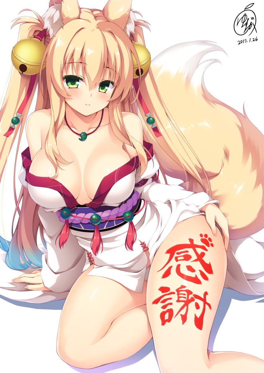 1girl animal_ears artist_name bangs bell blonde_hair blush body_writing breasts closed_mouth collarbone dated eyebrows_visible_through_hair fox_ears fox_girl fox_tail hair_bell hair_between_eyes hair_ornament hair_ribbon highres japanese_clothes jewelry jingle_bell kimono kimono_pull kimono_skirt large_breasts long_hair looking_at_viewer necklace original pelvic_curtain red_ribbon ribbon shadow signature simple_background sitting smile solo tail thighs twintails white_background yokozuwari yuzu_modoki