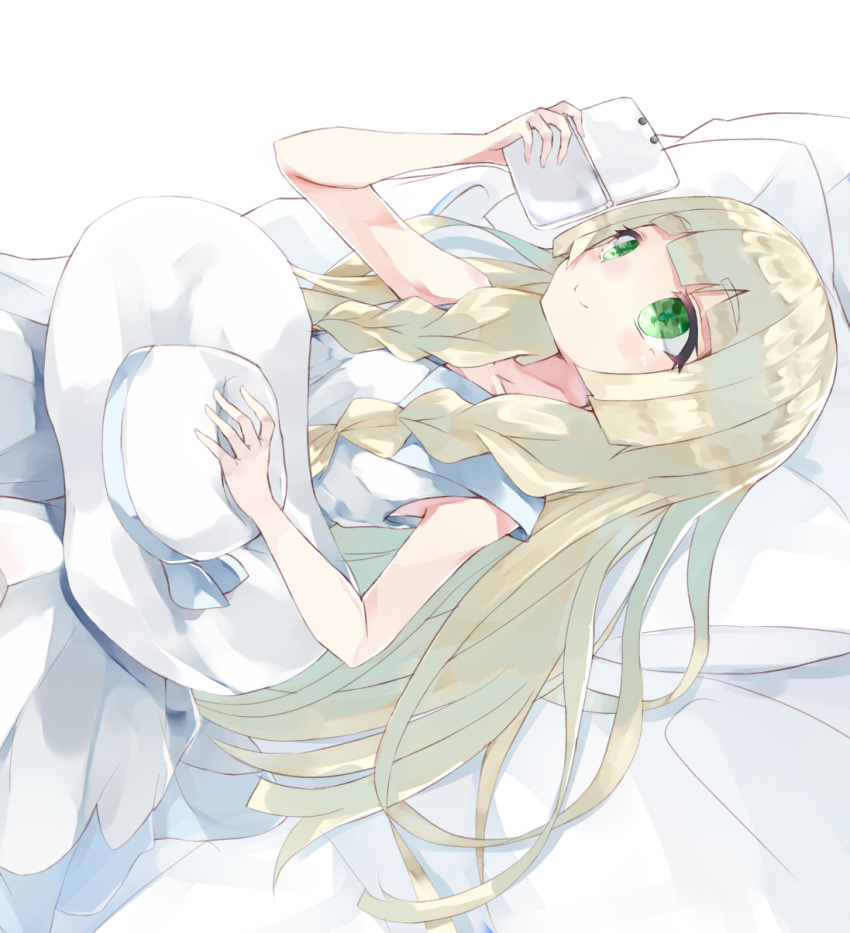 1girl 36do5fun bed blonde_hair braid dress green_eyes handheld_game_console hat hat_removed headwear_removed highres lillie_(pokemon) long_hair lying nintendo_3ds on_back on_bed pillow pokemon pokemon_(game) pokemon_sm sleeveless sleeveless_dress smile solo sun_hat twin_braids white_dress white_hat
