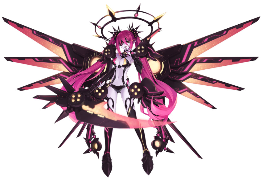 1girl bodysuit breasts choujigen_game_neptune cleavage elbow_gloves eyepatch female fingernails full_body gloves hair_ornament holding holding_weapon lipstick long_hair magic_the_hard makeup mechanical_wings neon_trim neptune_(series) pale_skin pink_hair pointy_ears scythe solo thigh-highs transparent_background tsunako twintails weapon wings yellow_eyes