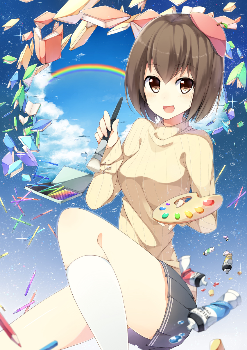 1girl 7zu7 absurdres book brown_eyes brown_hair eyebrows eyebrows_visible_through_hair grey_skirt highres holding_brush looking_at_viewer open_mouth original pleated_skirt short_hair skirt solo white_legwear