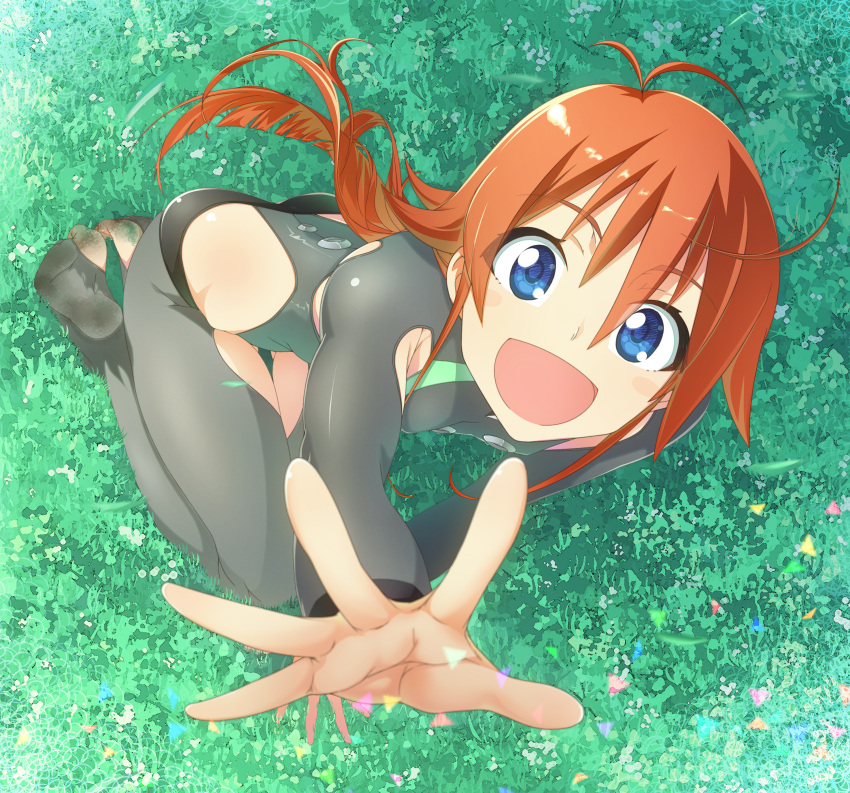1girl :d absurdres arm_up barefoot blue_eyes blush dirty_feet flip_flappers from_above grass highres kneeling long_hair looking_up open_mouth orange_hair outstretched_arm outstretched_hand papika_(flip_flappers) short_hair smile urepito_honke