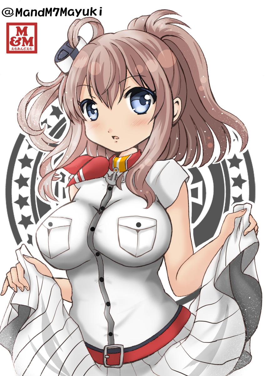 1girl absurdres anchor belt blue_eyes breast_pocket breasts brown_hair dress dress_lift highres impossible_clothes kantai_collection large_breasts logo long_hair looking_at_viewer mayuki_(nami1120) ponytail red_neckerchief saratoga_(kantai_collection) side_ponytail twitter_username white_dress